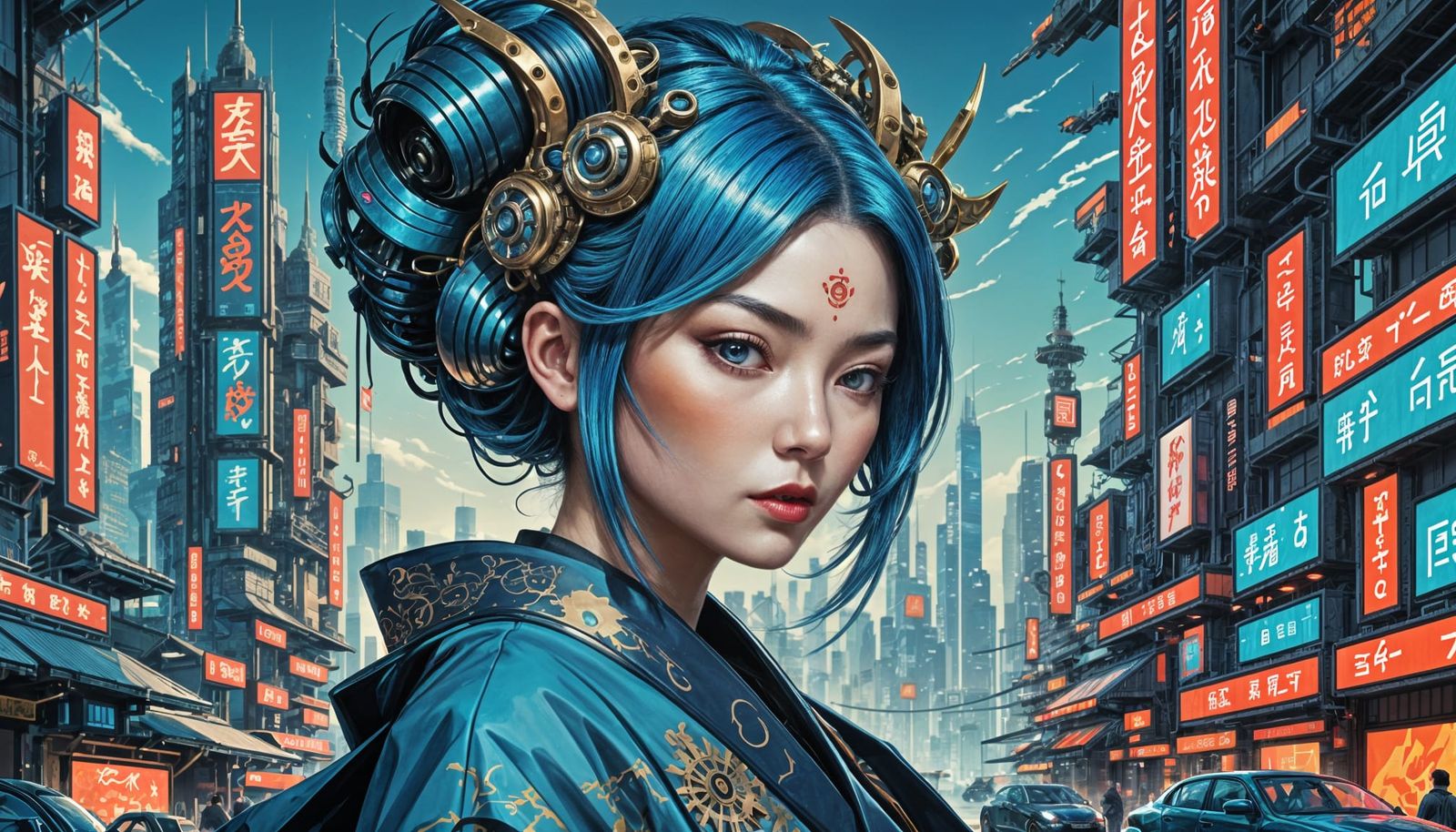 Cyberpunk Geisha Portrait in Art Deco Style