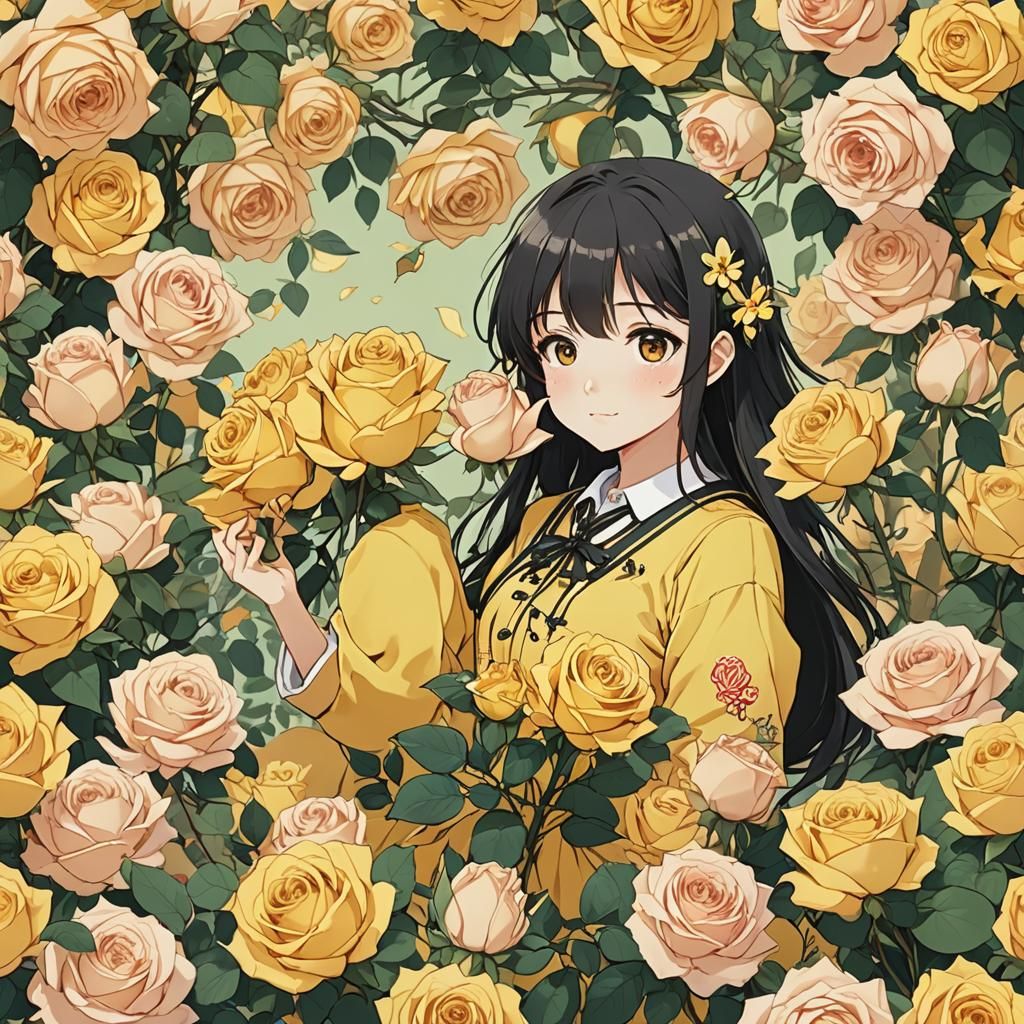 Yellow Roses with Anime-Style Background Text