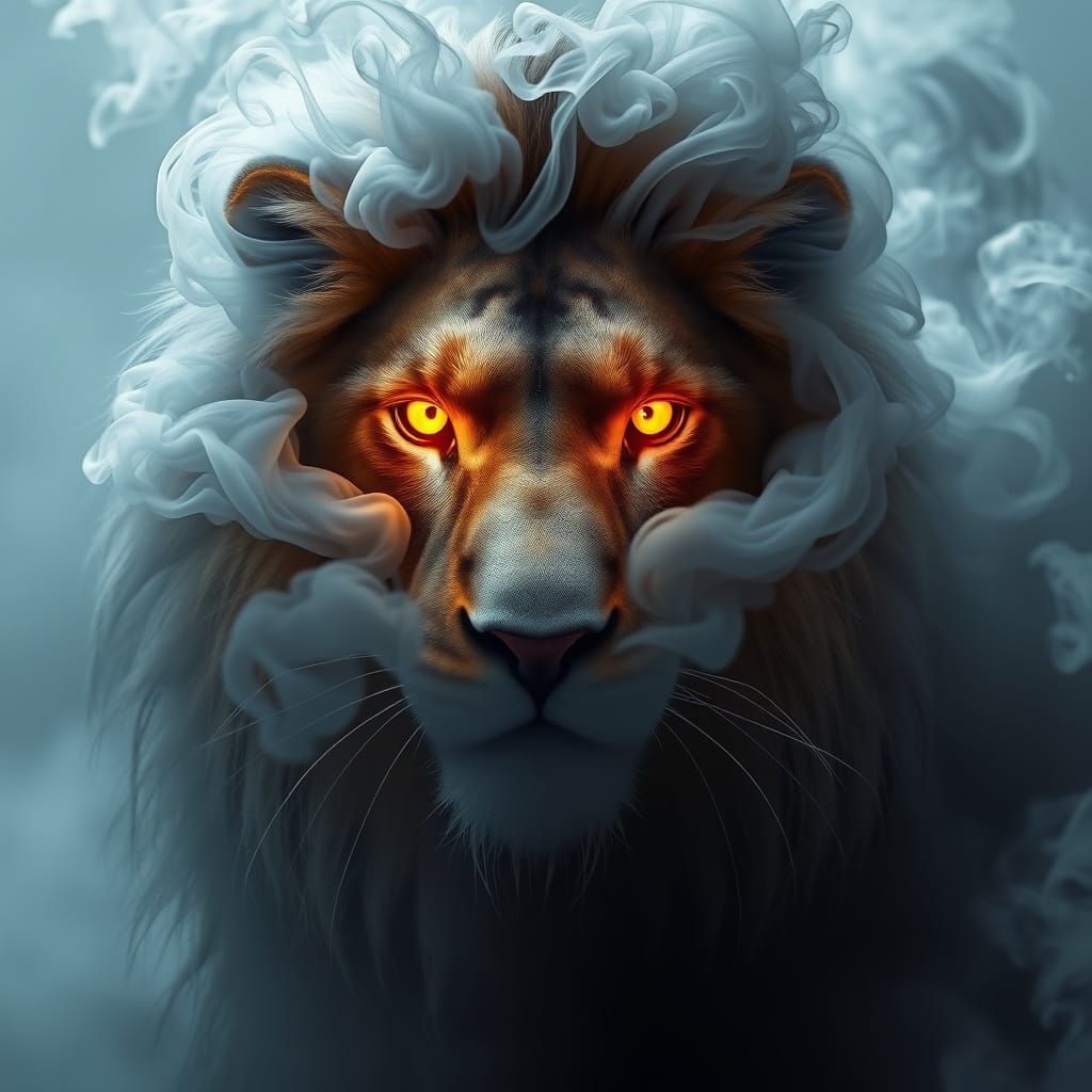 Surreal Grey Smoke Lion with Golden Eyes in Dark Surrealism ...