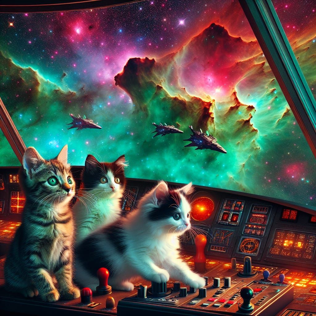 Three Kittens in Space, Gazing at a Vibrant Nebula in a Gala...