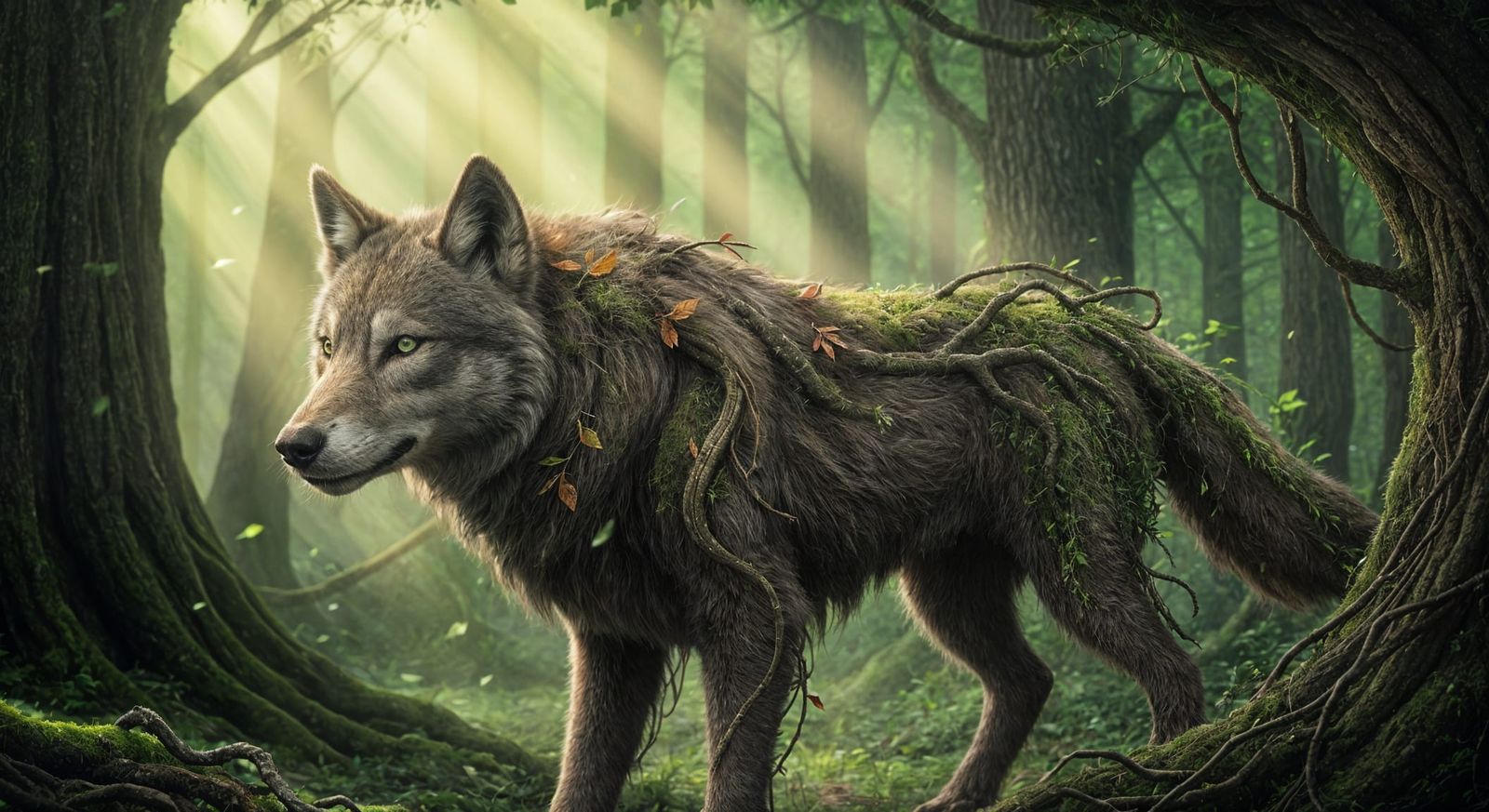 Forest Guardian Wolf with Emerald Eyes