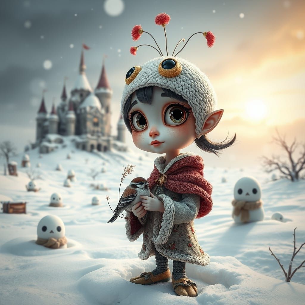 Girl with Bullfinch in Winter Carpet Art