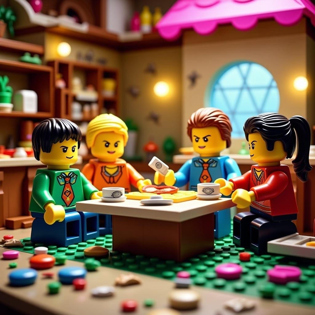 Lego Superheroes Eating Lunch in a Broken Shop