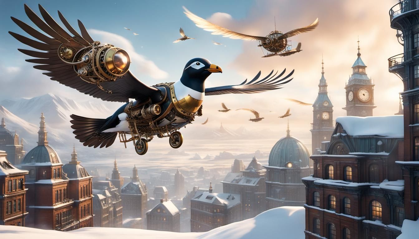 Steampunk Arctic Auk Soars Over Vibrant Metropolis