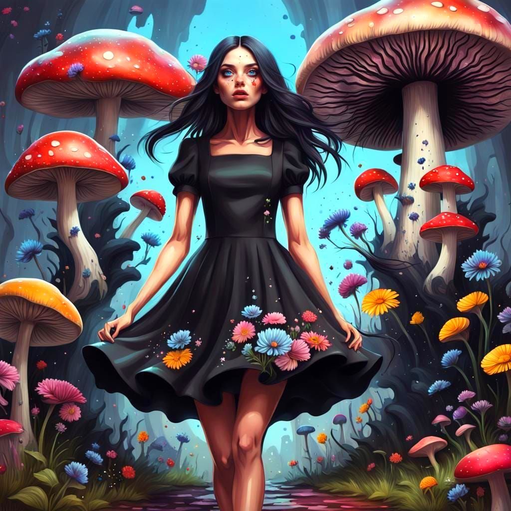 Whimsical Girl amidst Splattered Blooms in Wonderland