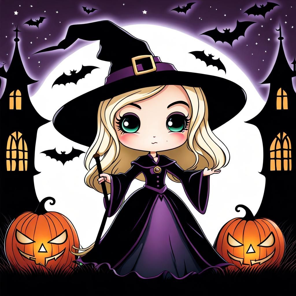 Gothic Chibi Witch Casts Spell in Haunted House