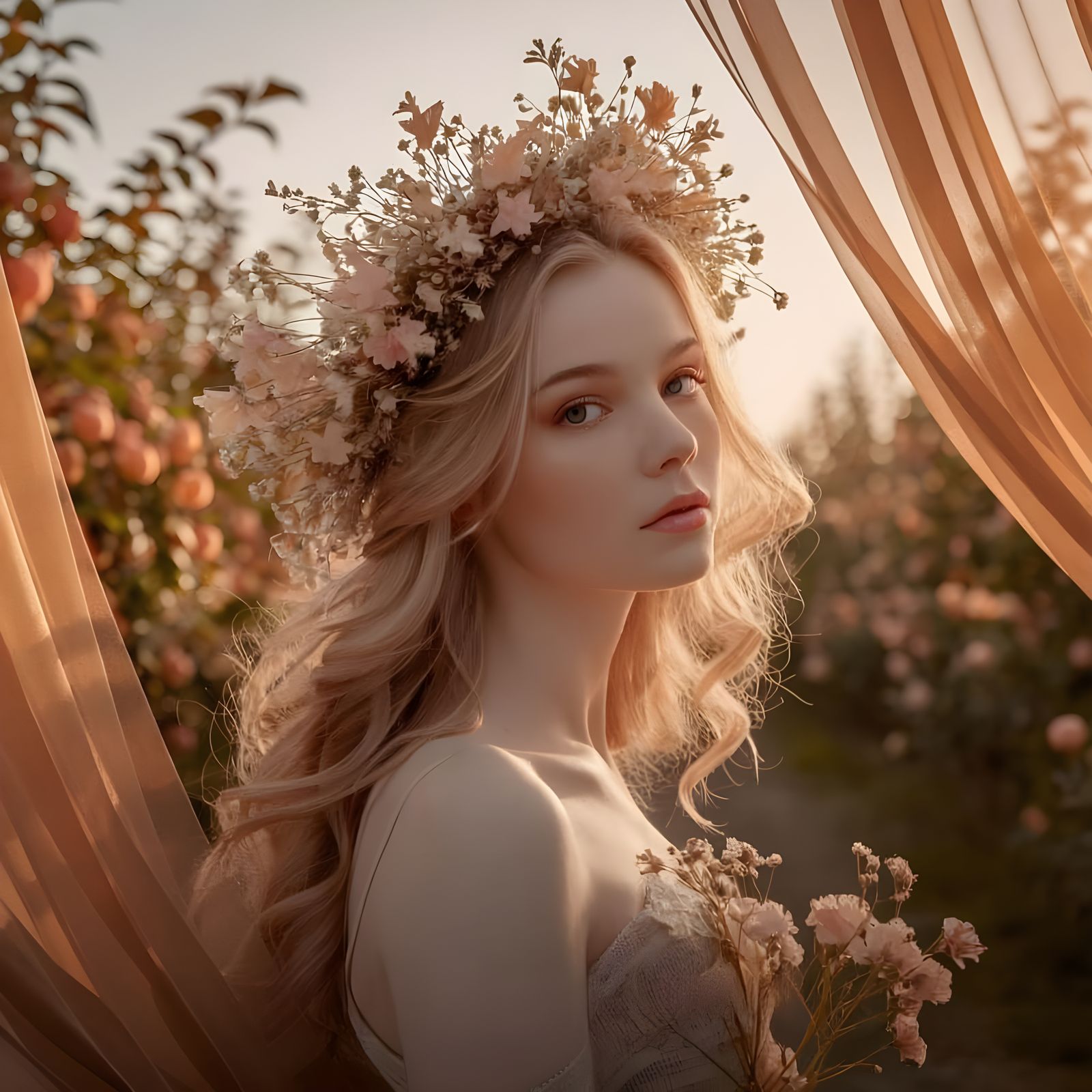 Ethereal Portrait of a Woman with Wildflower Crown
