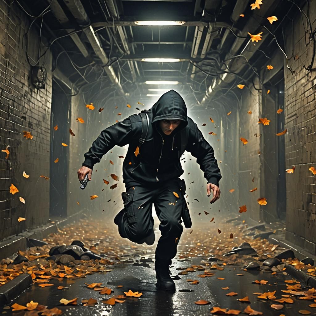 Cop Car Chases Robber Through Luminous Sewer Tunnel