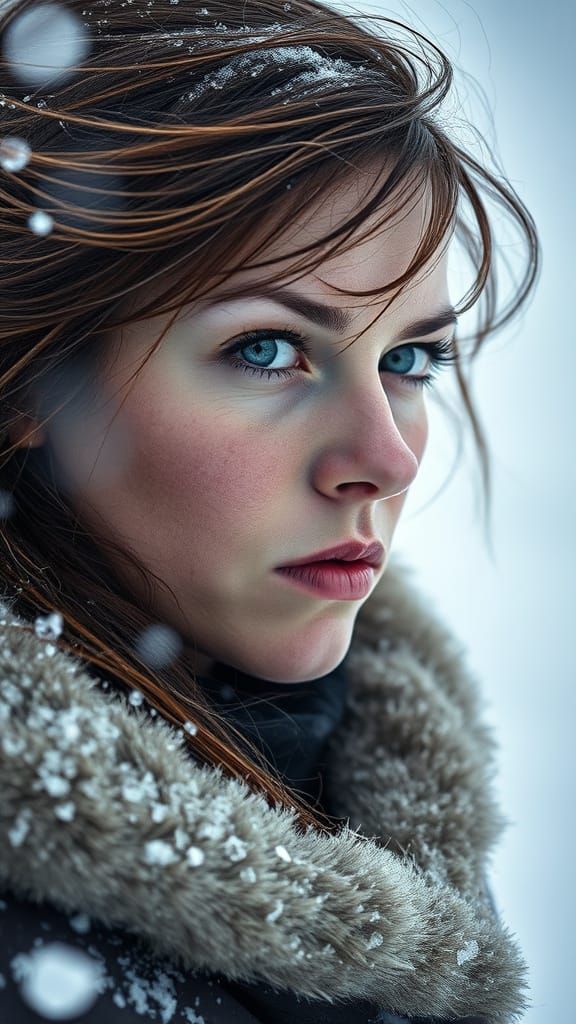 Resolute Woman in Arctic Storm, Cinematic Close-Up