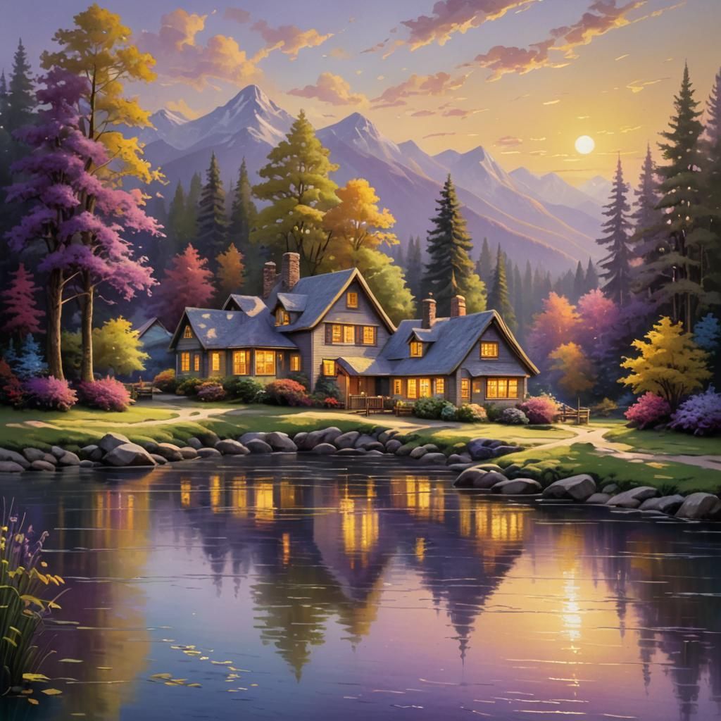 Warm Cottage by a Serene River in Impressionist Style
