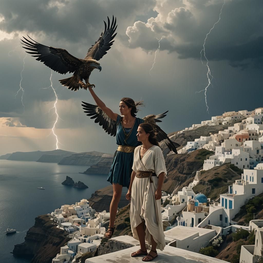 Epic Harpy Women and Zeus Over Santorini in Ancient Greece