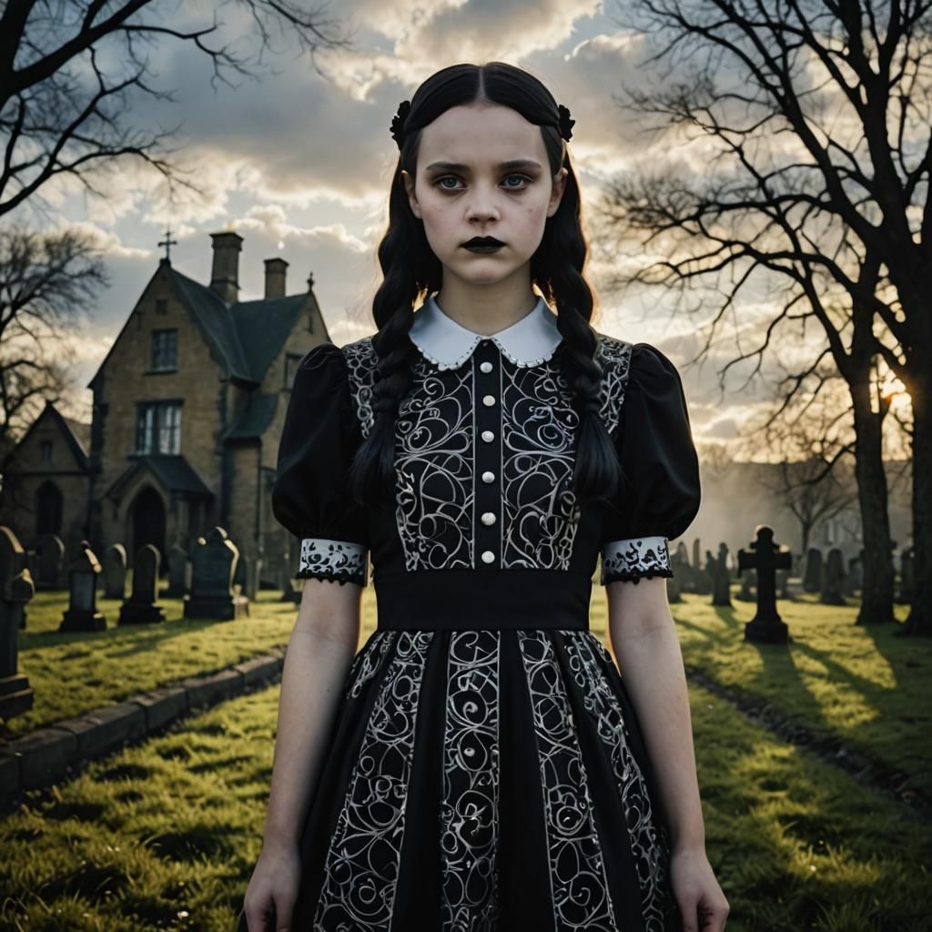 Goth Wednesday Addams in Elegant Dark Dress Under Heavenly S...