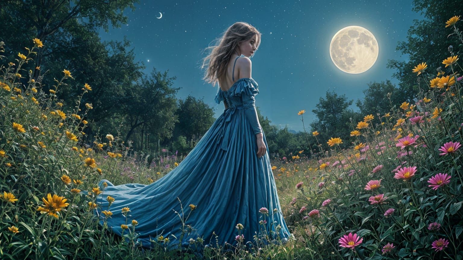 Woman in Moonlit Garden: Digital Art Inspired by Ash Thorp