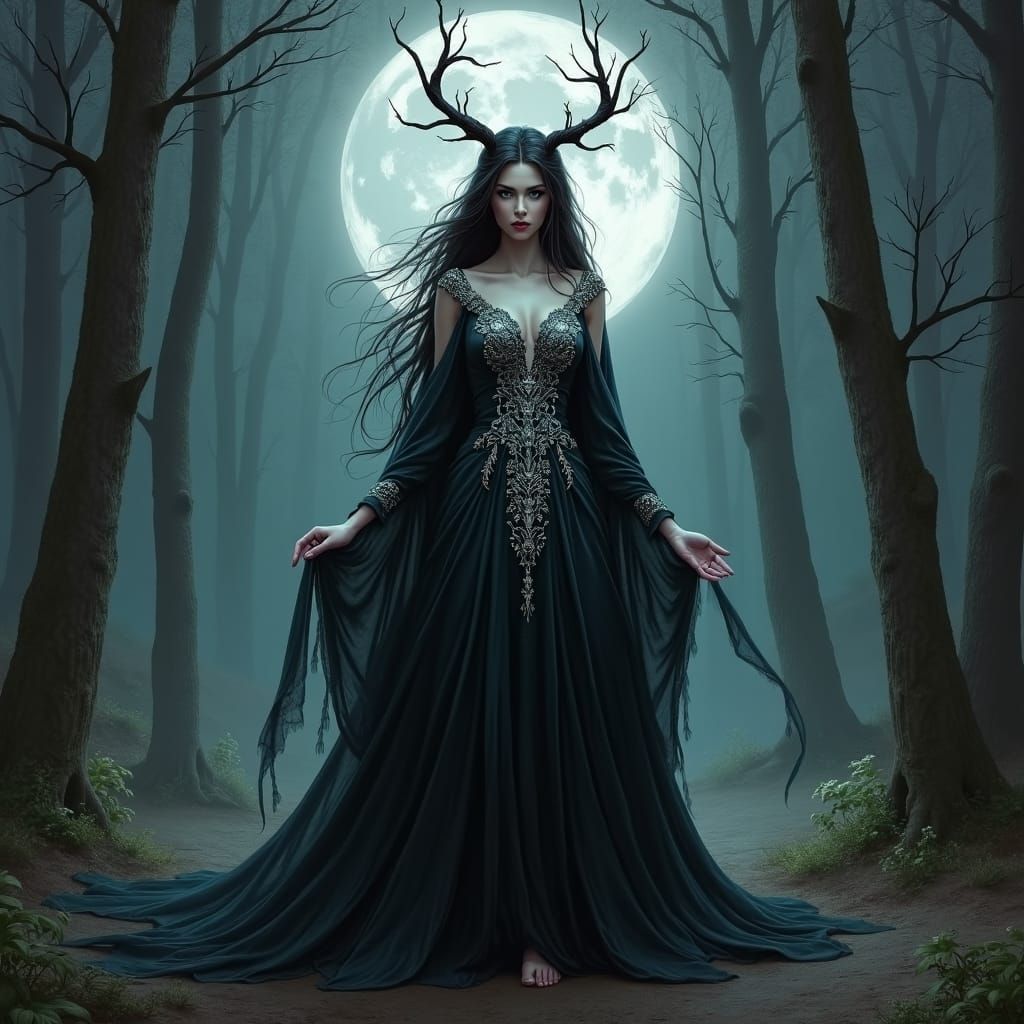 Regal Hecate Goddess Emerges in Moonlit Mystic Forest