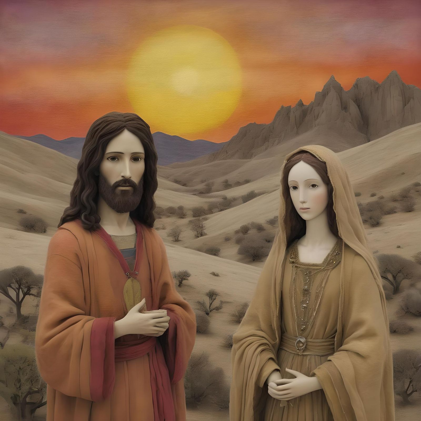 Jesus and Mary Magdalene in Vibrant Desert Sunrise
