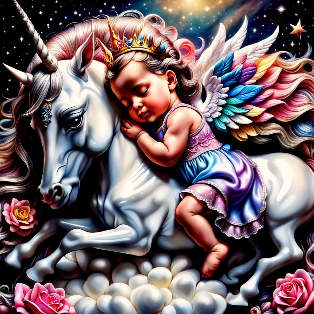 Baby Princess Sleeping with Magical Unicorn: Hyperrealistic ...