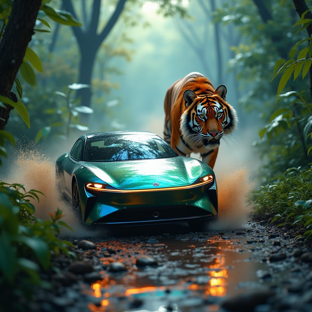 Sleek Lucid Air Car Chases Majestic Jungle Tiger in Vibrant,...