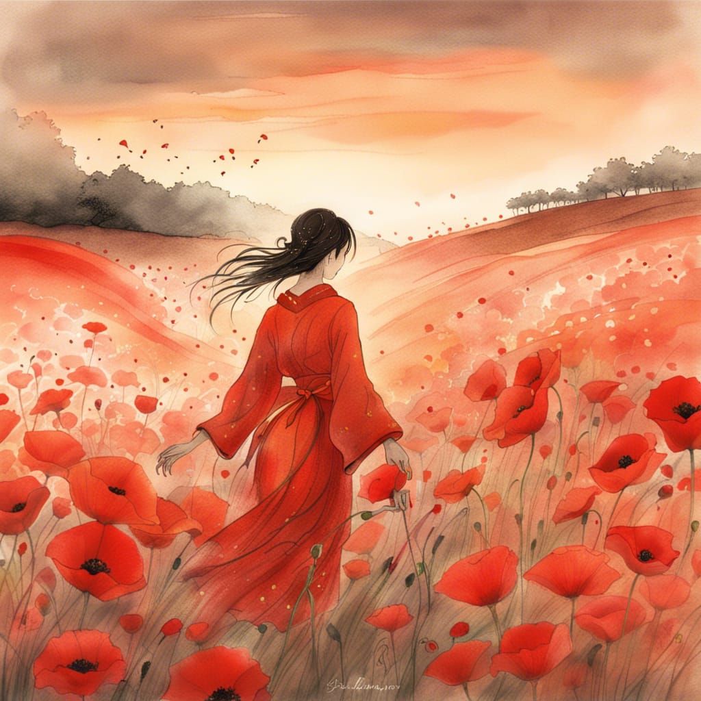 Japanese Girl Runs Through Red Poppies Under a Vibrant Sunse...