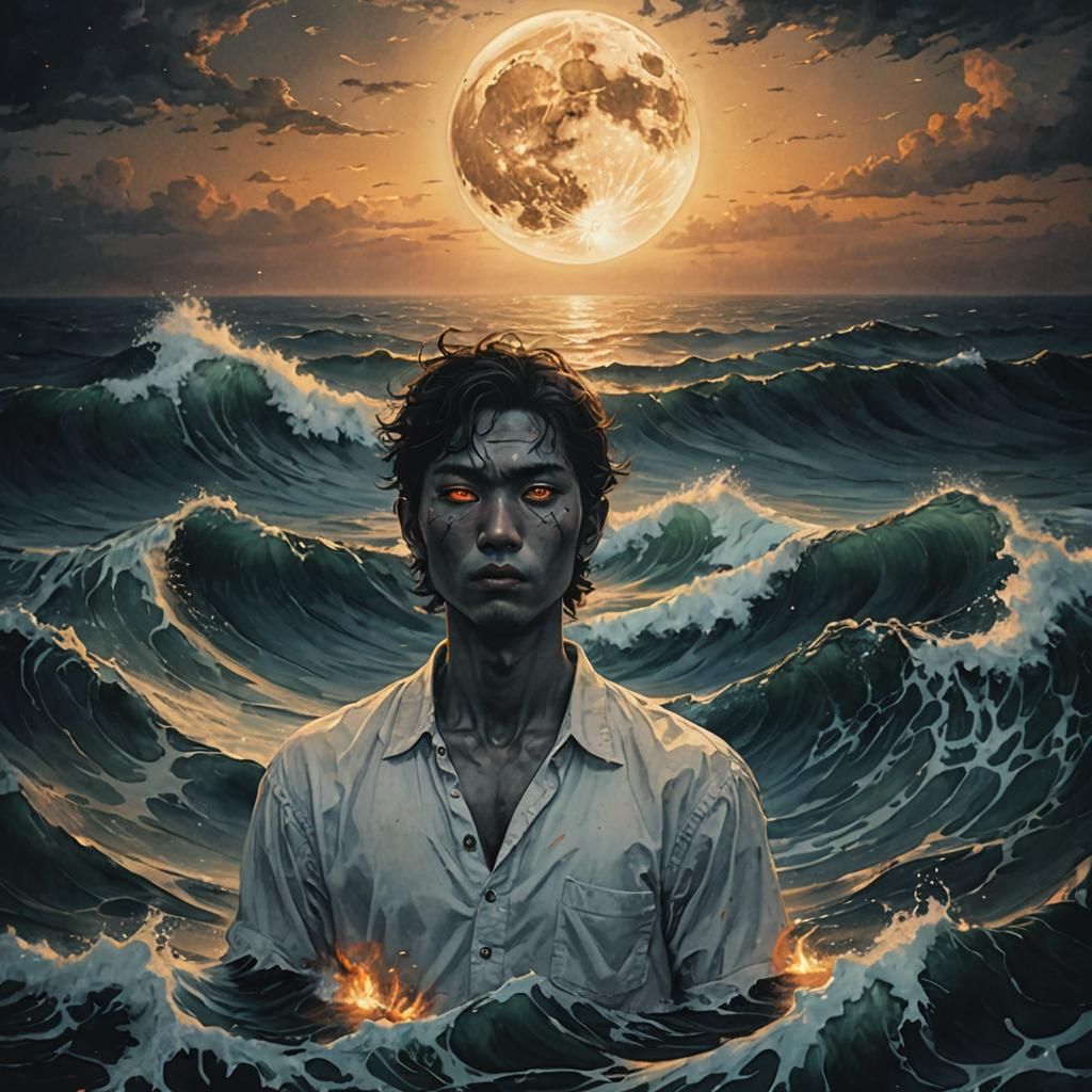 A Haunting Figure Reveals Their Face Under a Crying Moonlit....