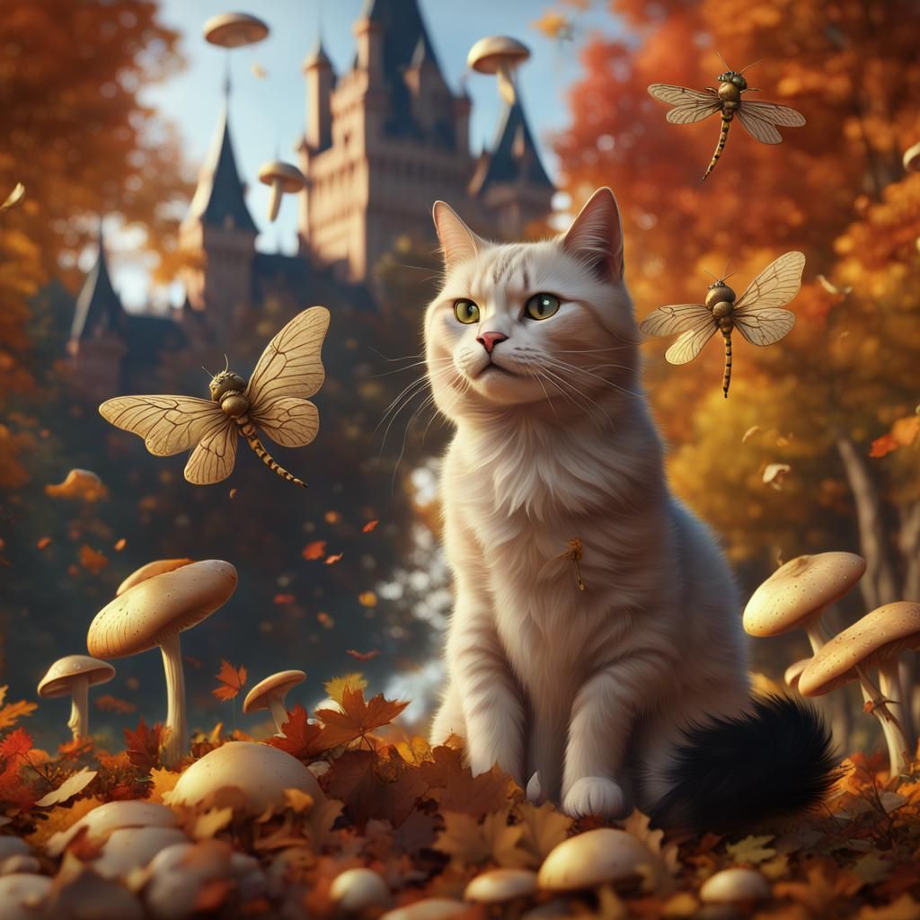 Whimsical Feline Amidst Autumnal Splendor with Gold Castle a...