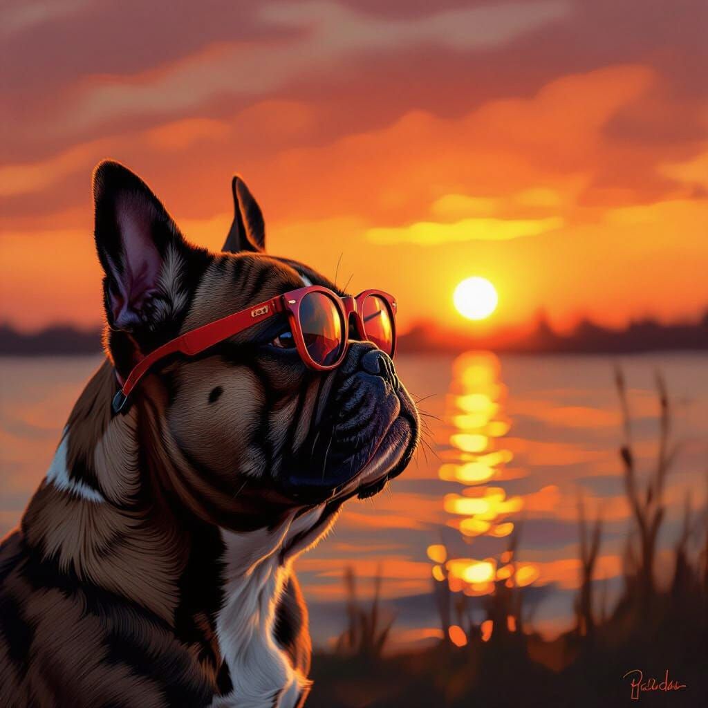 French Bulldog in Red Glasses at Sunset