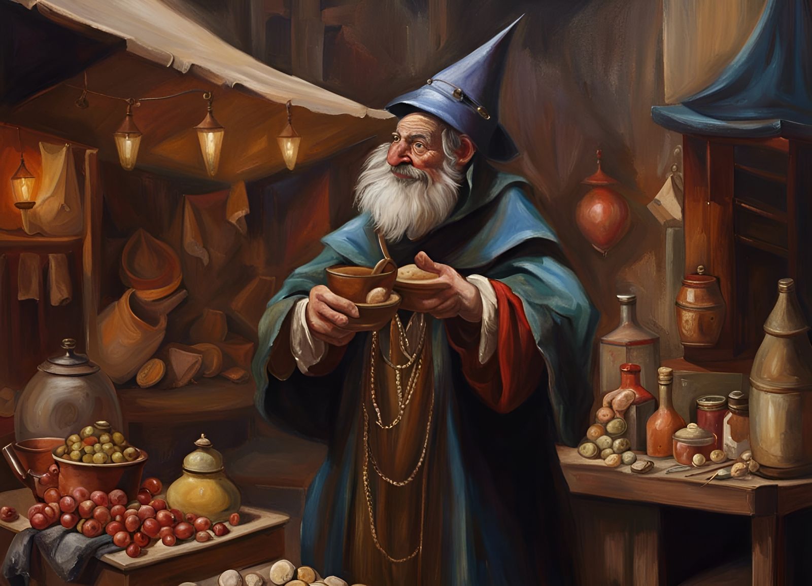 Vibrant Medieval Marketplace Scene in Impasto Oil Painting