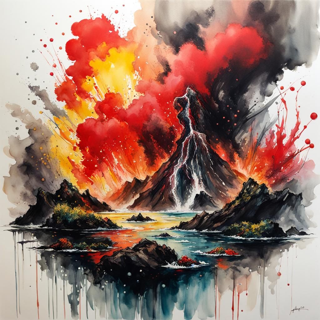 Red Volcano Erupts Under the Sea in Watercolor and Ink