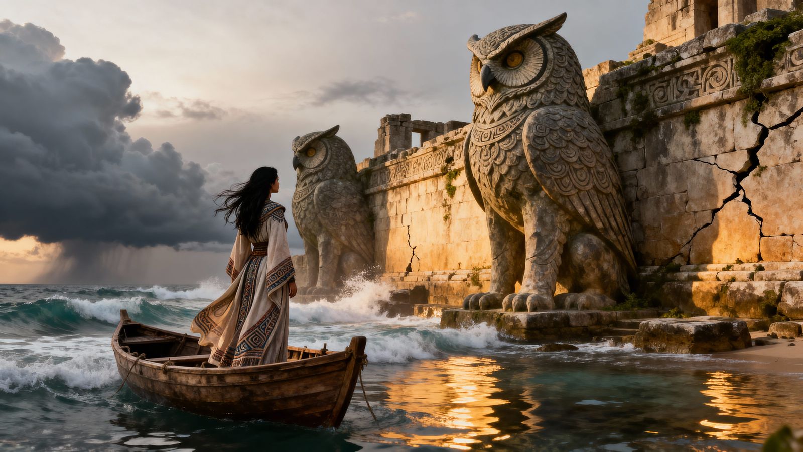Shaman Priestess on Boat by Ancient Ruins, Photorealistic