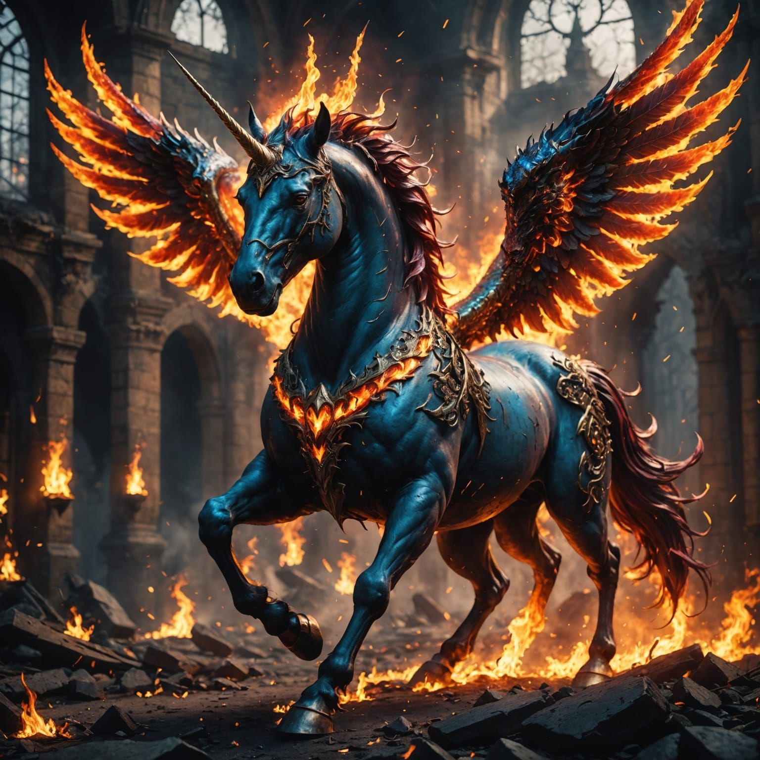 Surreal Hellish Unicorn Blazes with Fiery Eyes and Wings