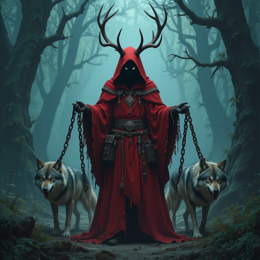 Mystical Forest Figure in Crimson Robes