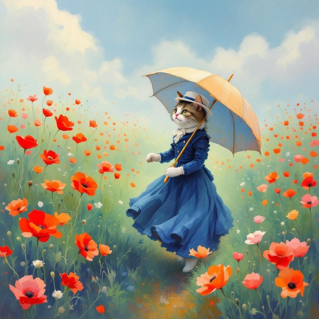 Anthropomorphic Cat in Poppies Field, Impressionist Style