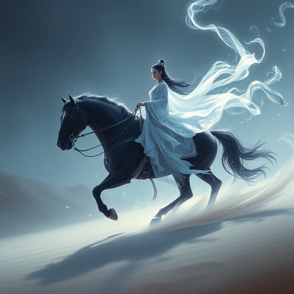Ethereal Wuxia Princess Rides Majestic Stallion Across Dream...