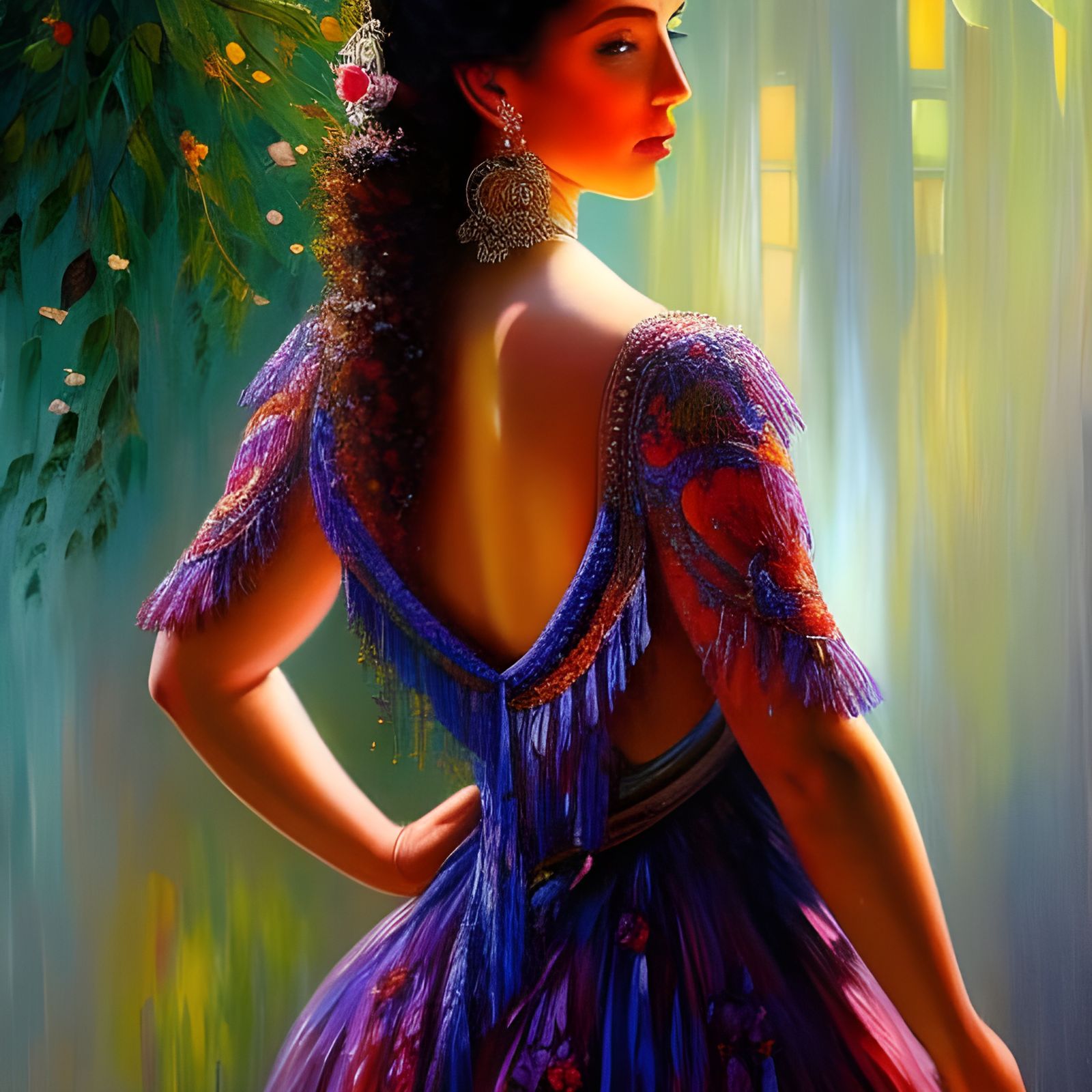 Woman in Corset Dress: Surreal Oil Painting