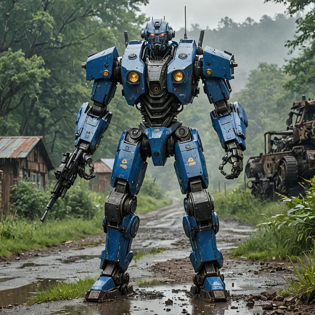 Cybernetic Police Robot Patrols a Misty Post-Apocalyptic Lan...