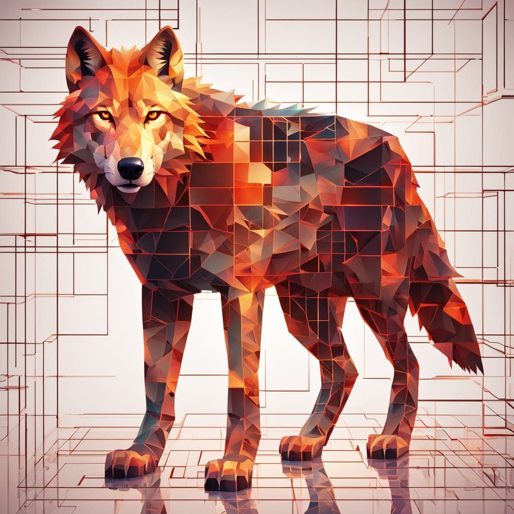 Wolf of Cubes in Futuristic Neon Landscape