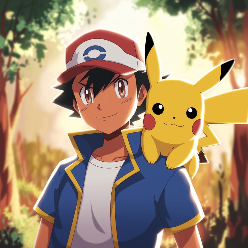 Ash Ketchum and Pikachu in a Vibrant, Sunlit Forest