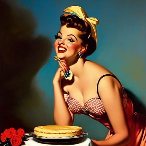 Sultry Pinup Girl Savoring Rich Cheesecake