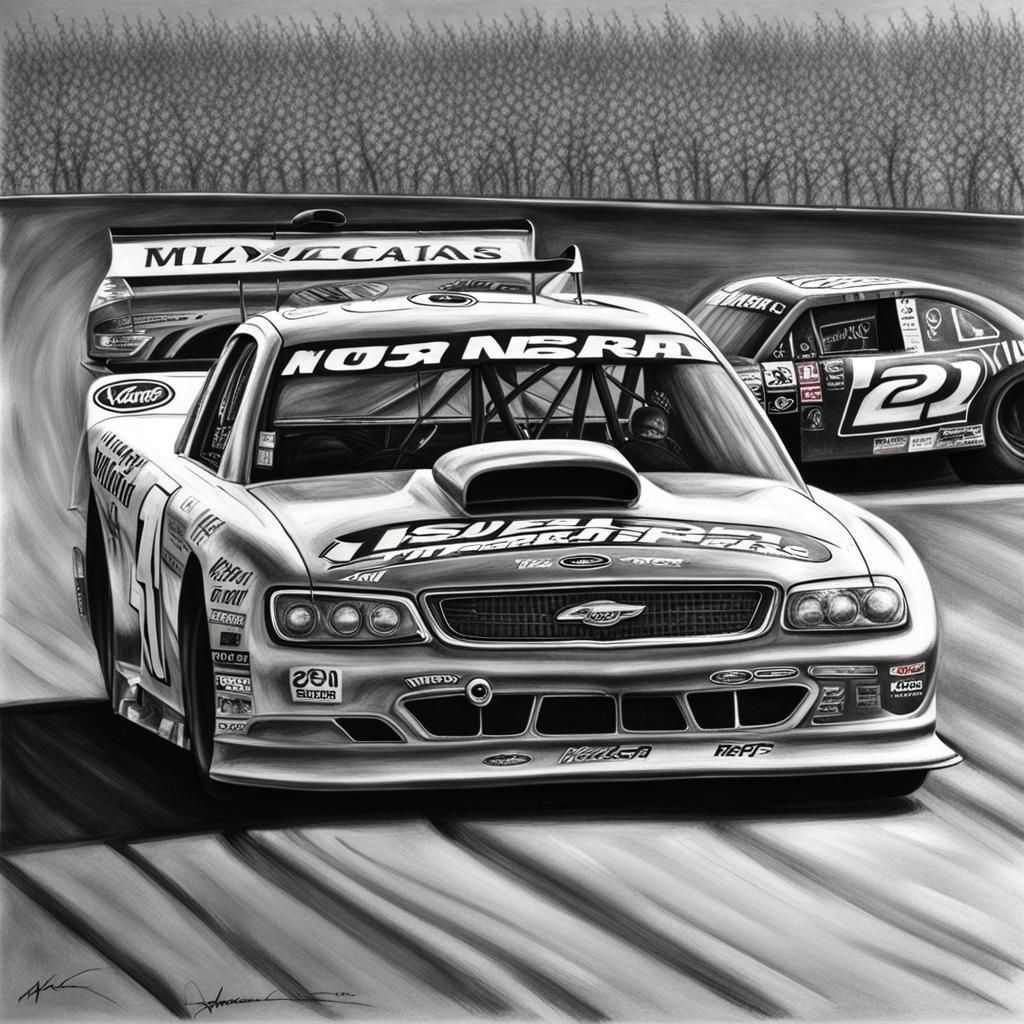 Racing Cars in Hyperdetailed Charcoal Drawing