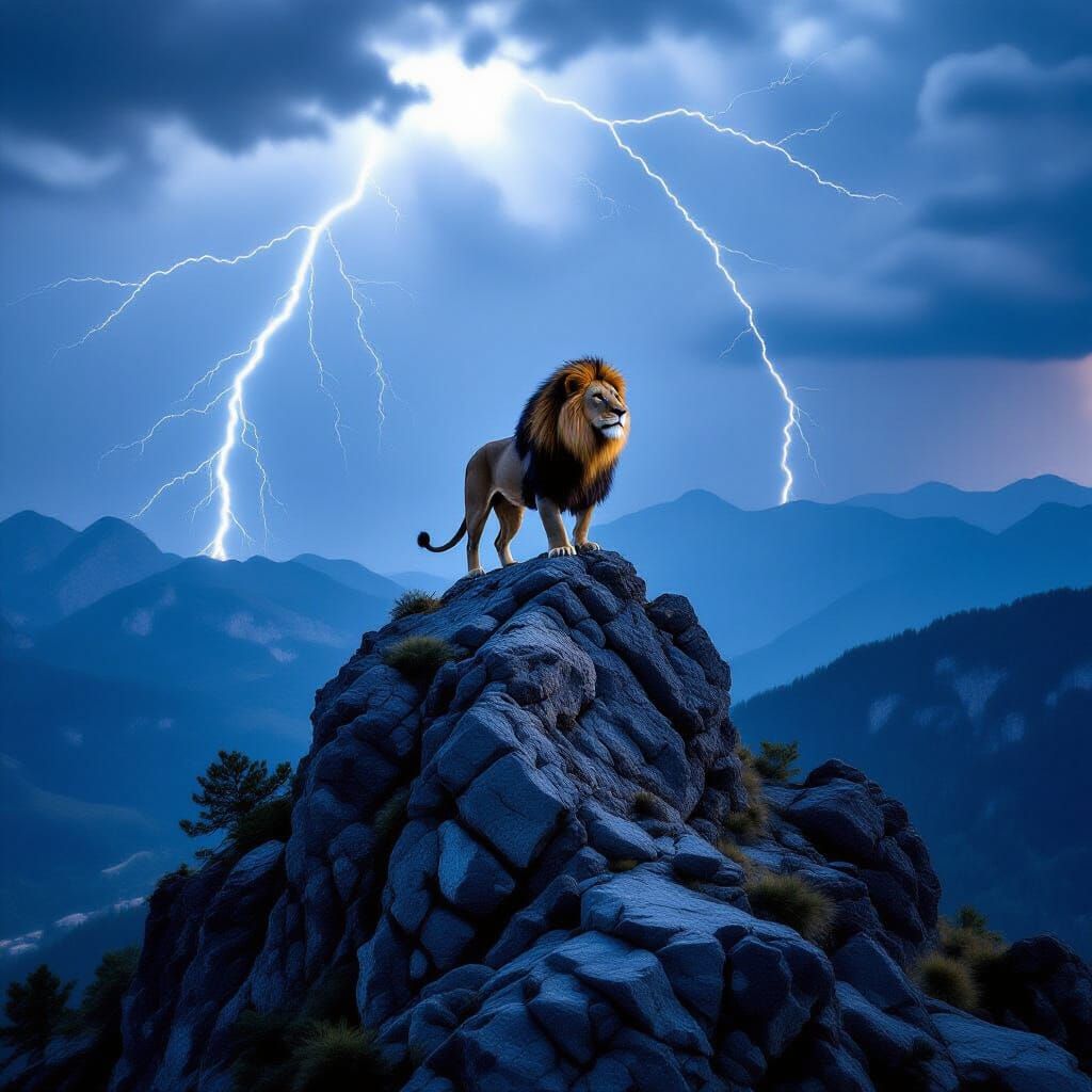 Fearless Lion on Mountain Peak During Lightning Storm