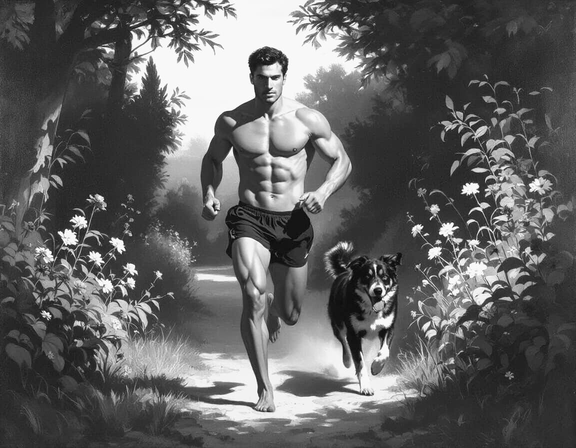 Handsome Man Running With Dog in Garden Twilight