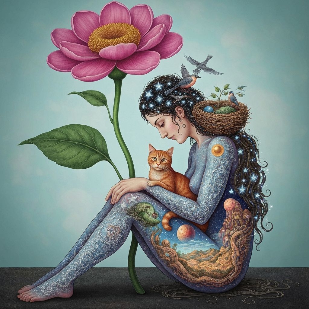 Ethereal Woman Holding Cat with Bioluminescent Inner Glow