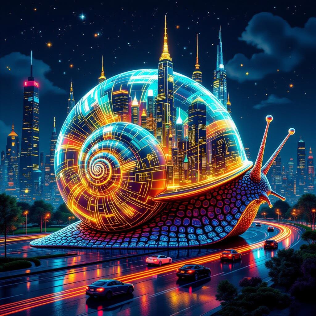Neon Snail Cityscape in Dystopian Future