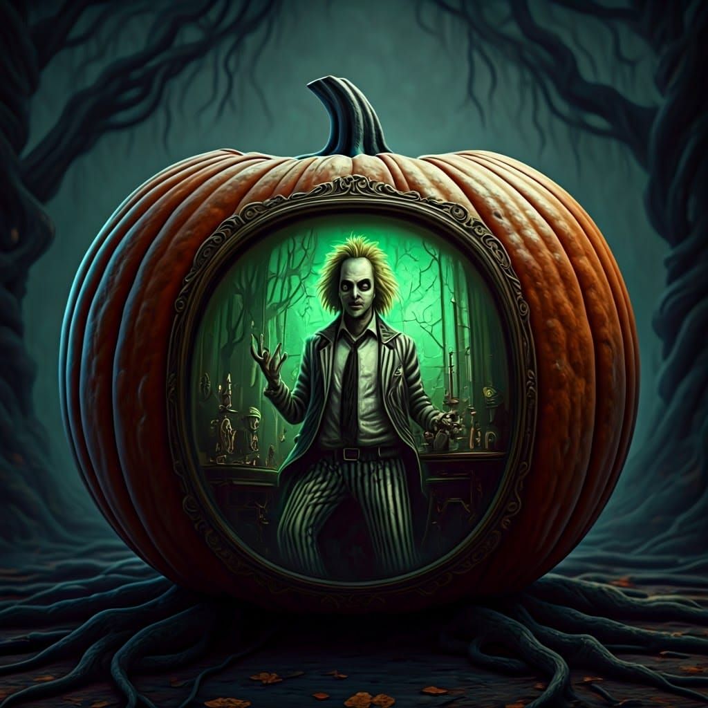 Glowing Bio-Exorcist Pumpkin in Dark Autumnal Scene