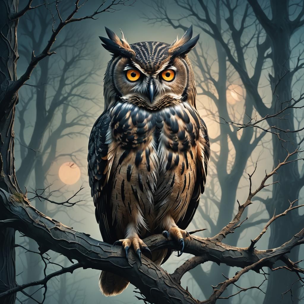 Surreal Owl in Twisted Trees, Lit by Ethereal Moonlight