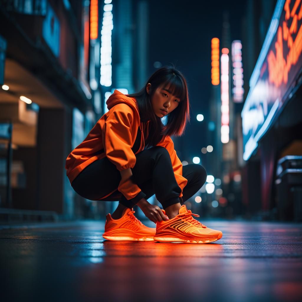 Japanese Dancer Inspects Futuristic Sneaker in Neon Cityscap...