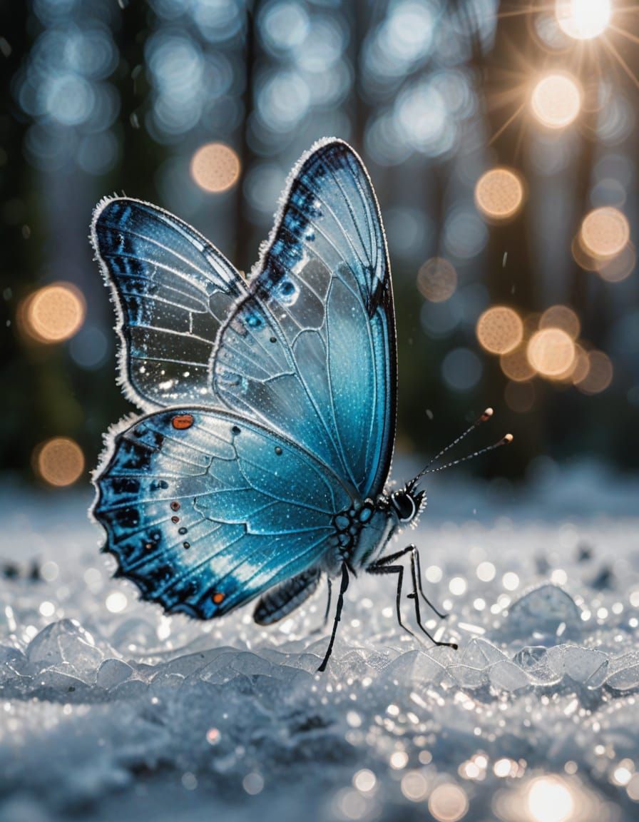 Icy Blue Butterfly in Winter Wonderland