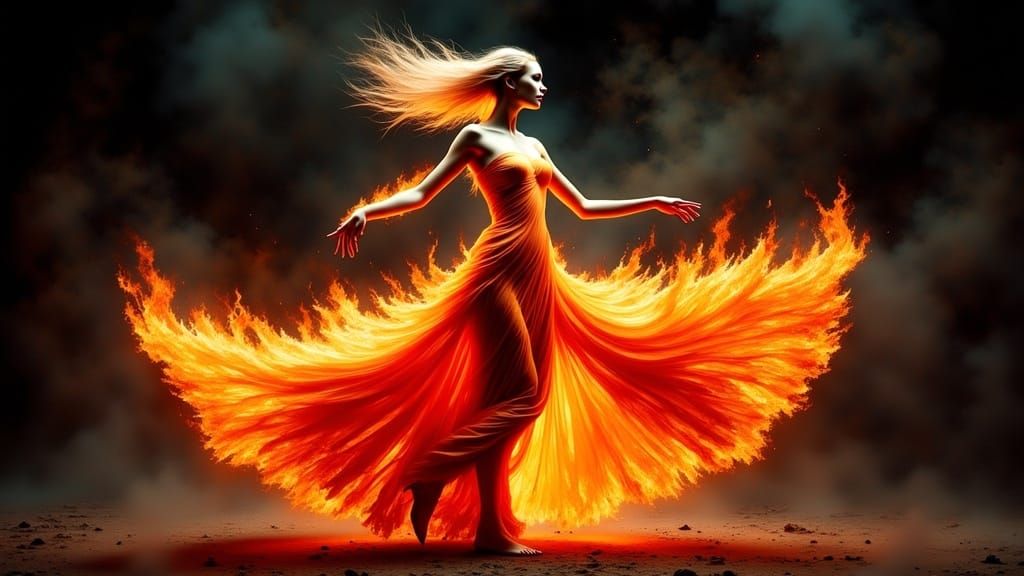 Flaming Woman Dancing in Biomechanical Surrealism Style