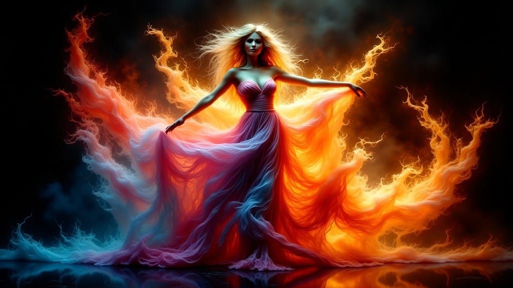 Ethereal Fire Woman Dancing in Antique Watercolor Style