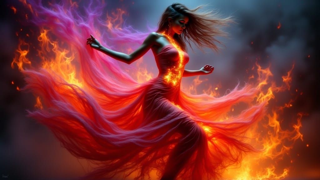 Fiery Woman Dancing in Cyberpunk Style