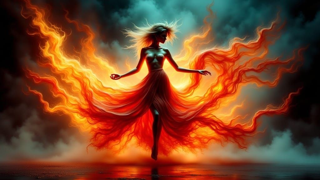 Fiery Woman Dancing in Futuristic Surrealism
